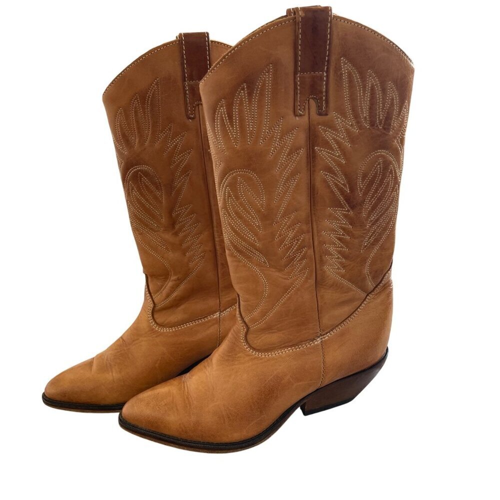 Zodiac Vintage Womens Boot Size 6 Tan Two Tone Embroidered Cowboy USA